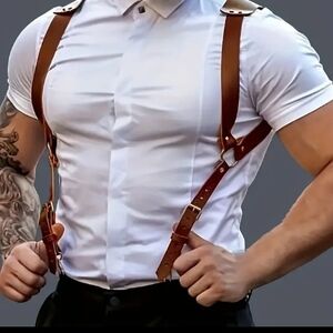 Men's Brown Faux Leather Adjustable Suspenders